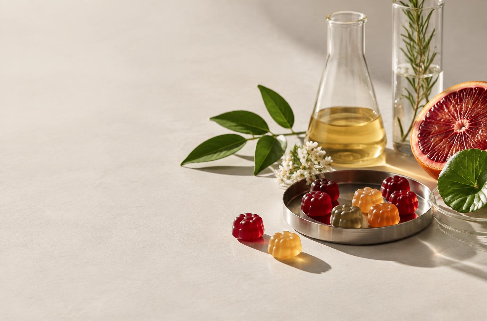Gummy supplements arranged with botanical ingredients and laboratory glass